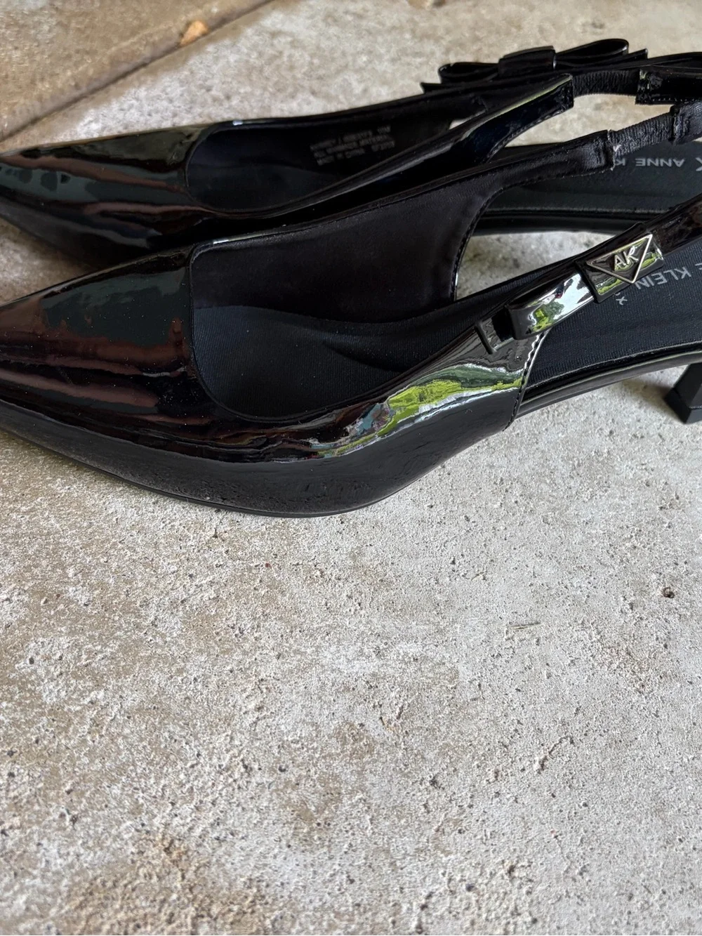 Anne Klein Black Patent Pointed Slingback Flats with Bow Accent